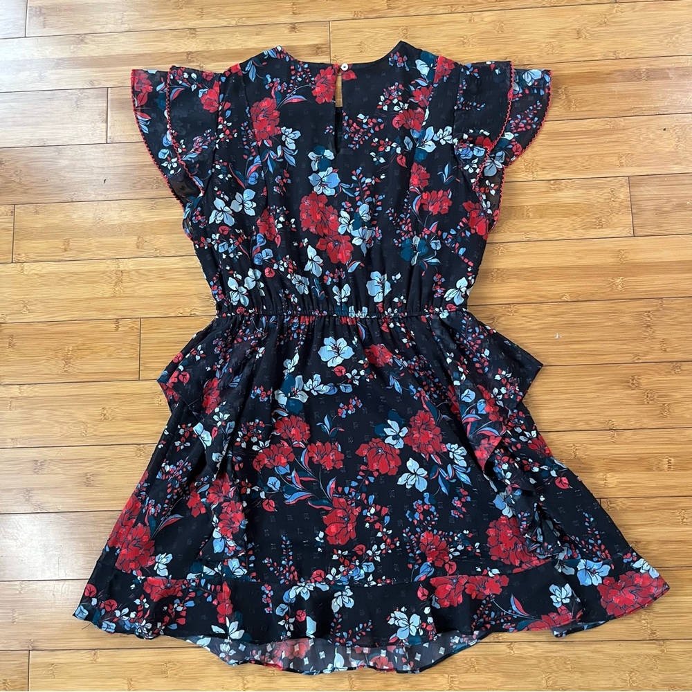 Dolan Julia Clip Dot Jacquard Chiffon Black and Red Floral Mini Ruffle Dress - Picture 10 of 10